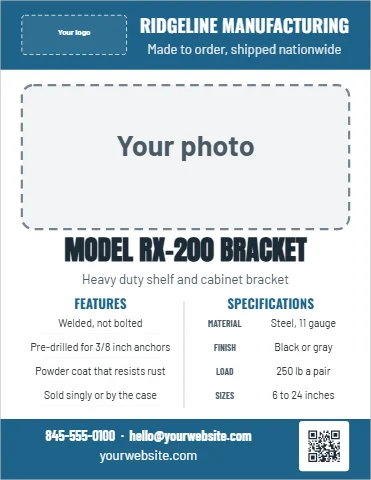 Flyer template, manufacturer spec sheet, reading "RIDGELINE MANUFACTURING", "MODEL RX-200 BRACKET" and "Heavy duty shelf and cabinet…", in steel blue and white, with a space for your logo and a QR code