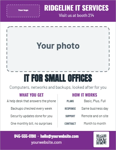 Flyer template, trade show one-pager, reading "RIDGELINE IT SERVICES", "Visit us at booth 214" and "IT FOR SMALL OFFICES", in purple and white, with a space for your logo and a QR code