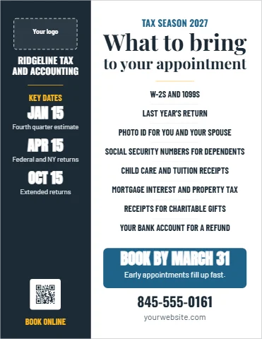 Flyer template, tax season checklist, reading "What to bring", "JAN 15" and "BOOK BY MARCH 31", in navy and white, with a space for your logo and a QR code