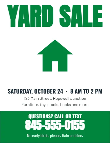 Flyer template, yard sale, reading "YARD SALE", "SATURDAY, OCTOBER 24 · 8 AM TO 2…" and "845-555-0155", in green and white