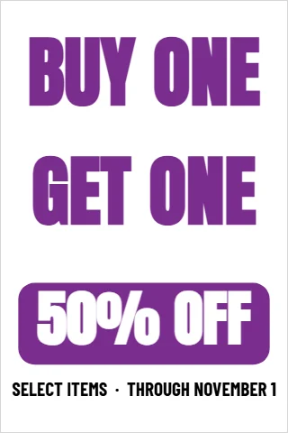 Foam board sign template, buy one, get one, reading "BUY ONE", "GET ONE" and "50% OFF", in purple and white