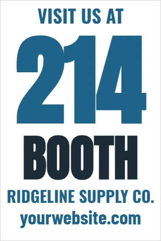 Foam board sign template, trade show booth number, reading "VISIT US AT", "214" and "BOOTH", in white