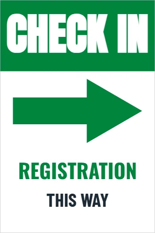 Foam board sign template, check in, this way, reading "CHECK IN", "REGISTRATION" and "THIS WAY", in green and white