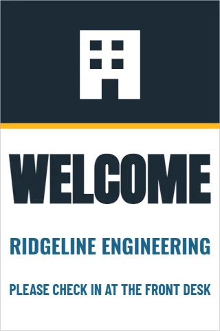 Foam board sign template, lobby welcome, reading "WELCOME", "RIDGELINE ENGINEERING" and "PLEASE CHECK IN AT THE FRONT DESK", in navy and white