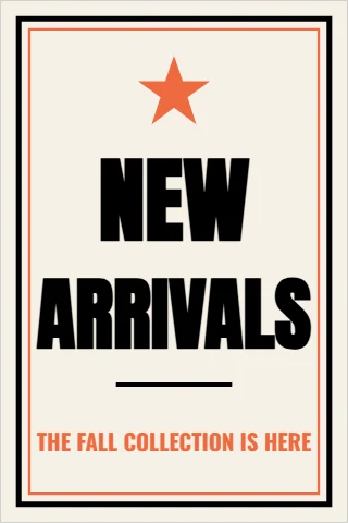 Foam board sign template, new arrivals, reading "NEW", "ARRIVALS" and "THE FALL COLLECTION IS HERE", in cream
