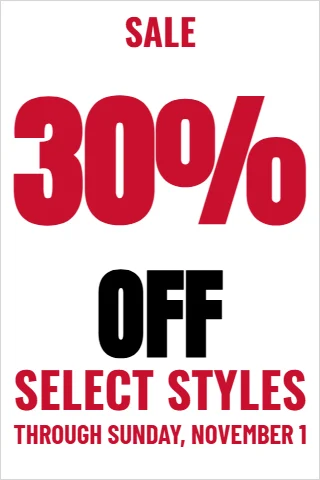 Foam board sign template, sale, percent off, reading "30%", "OFF" and "SELECT STYLES", in white