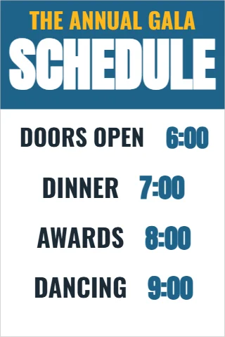 Foam board sign template, event schedule, reading "SCHEDULE", "AWARDS" and "DANCING", in steel blue and white
