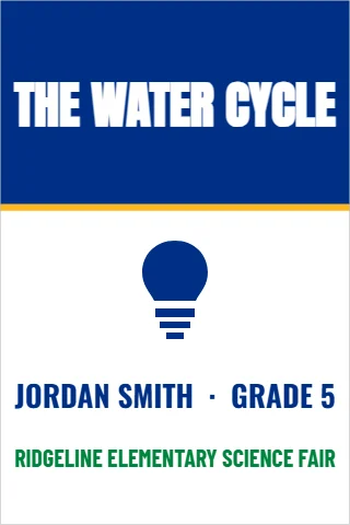 Foam board sign template, science fair title, reading "THE WATER CYCLE", "JORDAN SMITH · GRADE 5" and "RIDGELINE ELEMENTARY SCIENCE FAIR", in blue and white