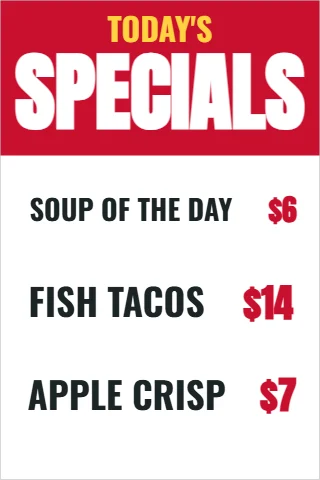 Foam board sign template, today's specials, reading "SPECIALS", "$14" and "$7", in red and white