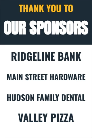Foam board sign template, thank you to our sponsors, reading "OUR SPONSORS", "RIDGELINE BANK" and "VALLEY PIZZA", in navy and white