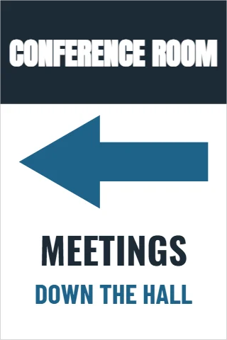 Foam board sign template, conference room, arrow, reading "CONFERENCE ROOM", "MEETINGS" and "DOWN THE HALL", in navy and white