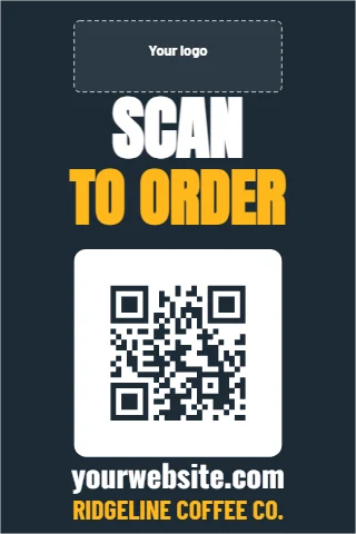 Foam board sign template, scan to order, reading "SCAN", "TO ORDER" and "yourwebsite.com", in white and navy, with a space for your logo and a QR code