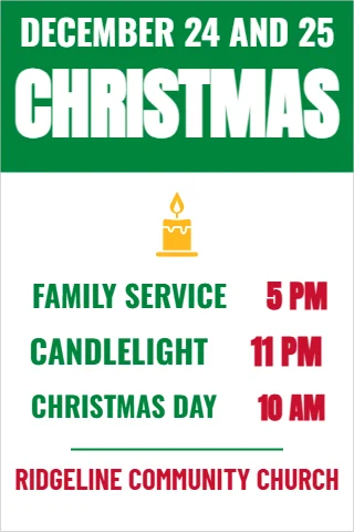 Foam board sign template, christmas service times, reading "DECEMBER 24 AND 25", "CHRISTMAS" and "CANDLELIGHT", in green and white