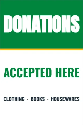 Foam board sign template, donations accepted, reading "DONATIONS", "ACCEPTED HERE" and "CLOTHING · BOOKS · HOUSEWARES", in green and white