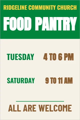 Foam board sign template, food pantry hours, reading "FOOD PANTRY", "TUESDAY" and "ALL ARE WELCOME", in green and cream