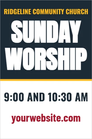 Foam board sign template, service times, reading "SUNDAY", "WORSHIP" and "yourwebsite.com", in navy and white