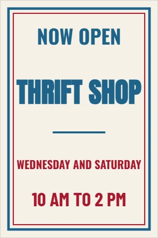 Foam board sign template, thrift shop open, reading "NOW OPEN", "THRIFT SHOP" and "10 AM TO 2 PM", in cream