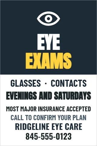 Foam board sign template, eye exams, reading "EYE", "EXAMS" and "GLASSES · CONTACTS", in navy and white