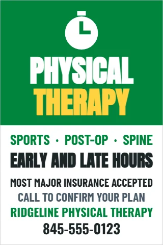 Foam board sign template, physical therapy, reading "PHYSICAL", "THERAPY" and "845-555-0123", in green and white