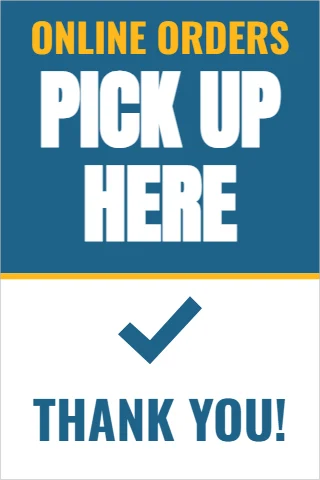 Foam board sign template, online orders pick up here, reading "PICK UP", "HERE" and "THANK YOU!", in steel blue and white