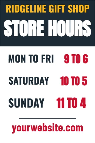 Foam board sign template, store hours, reading "STORE HOURS", "SUNDAY" and "yourwebsite.com", in navy and white