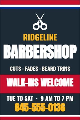 Foam board sign template, barbershop, reading "RIDGELINE", "BARBERSHOP" and "845-555-0136", in red and navy