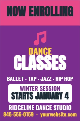 Foam board sign template, dance studio, now enrolling, reading "NOW ENROLLING", "DANCE" and "CLASSES", in pink and purple