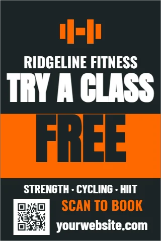 Foam board sign template, gym, try a class free, reading "RIDGELINE FITNESS", "TRY A CLASS" and "FREE", in orange and charcoal, with a QR code