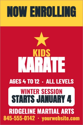 Foam board sign template, kids martial arts, now enrolling, reading "NOW ENROLLING", "KIDS" and "KARATE", in yellow and red