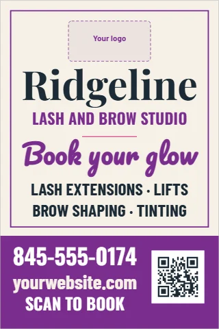 Foam board sign template, lash and brow studio, reading "Ridgeline", "Book your glow" and "845-555-0174", in purple and cream, with a space for your logo and a QR code