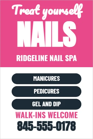 Foam board sign template, nail salon, reading "Treat yourself", "NAILS" and "845-555-0178", in pink and white