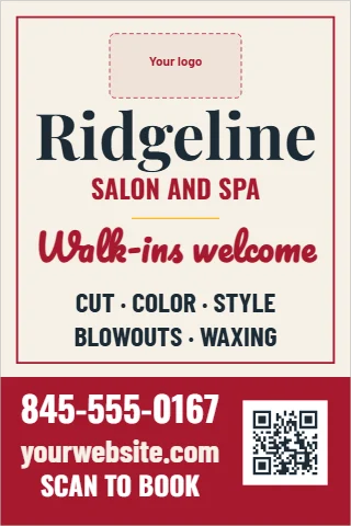 Foam board sign template, salon, walk-ins welcome, reading "Ridgeline", "Walk-ins welcome" and "845-555-0167", in maroon and cream, with a space for your logo and a QR code