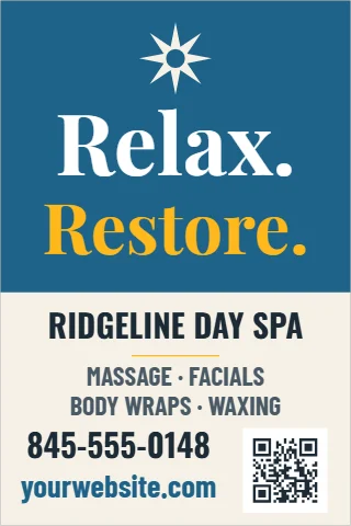 Foam board sign template, day spa, relax and restore, reading "Relax.", "Restore." and "RIDGELINE DAY SPA", in steel blue and cream, with a QR code