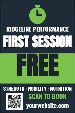 Foam board sign template, personal training, first session, reading "FIRST SESSION", "FREE" and "SCAN TO BOOK", in lime and navy, with a QR code