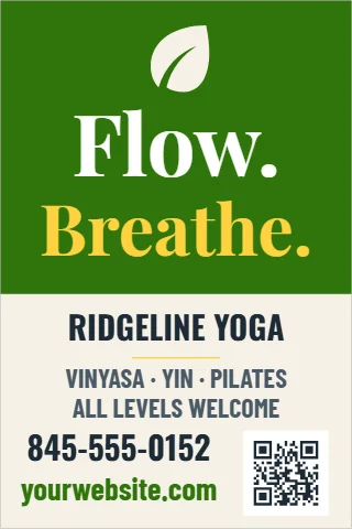 Foam board sign template, yoga studio, all levels, reading "Flow.", "Breathe." and "RIDGELINE YOGA", in green and cream, with a QR code