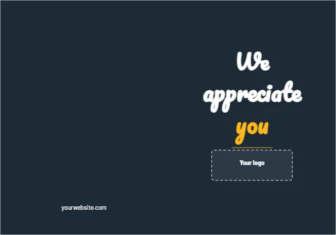 Greeting card template, we appreciate you, client, reading "We", "appreciate" and "you", in navy and white, with a space for your logo
