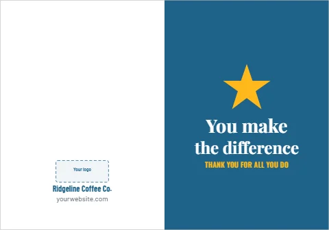 Greeting card template, you make the difference, reading "You make", "the difference" and "Ridgeline Coffee Co.", in steel blue and white, with a space for your logo