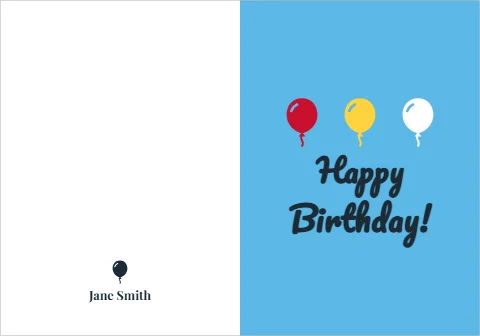 Greeting card template, birthday balloons, reading "Happy", "Birthday!" and "Jane Smith", in sky blue and white
