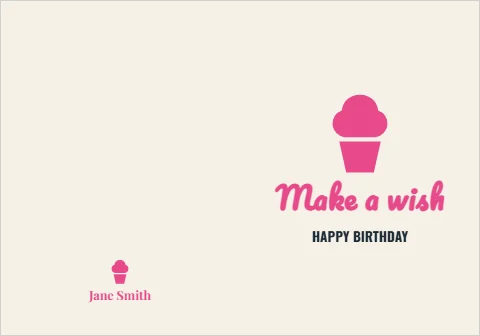 Greeting card template, make a wish, cupcake, reading "Make a wish", "HAPPY BIRTHDAY" and "Jane Smith", in cream