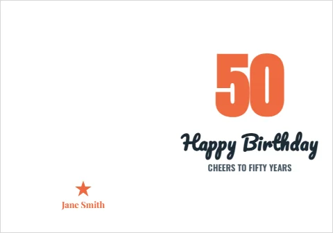 Greeting card template, milestone birthday, 50, reading "50", "Happy Birthday" and "Jane Smith", in white