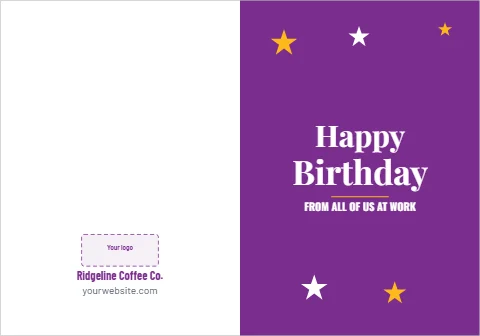 Greeting card template, happy birthday from the team, reading "Happy", "Birthday" and "Ridgeline Coffee Co.", in purple and white, with a space for your logo