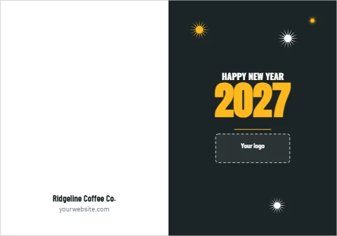 Greeting card template, happy New Year 2027, your logo, reading "HAPPY NEW YEAR", "2027" and "Ridgeline Coffee Co.", in charcoal and white, with a space for your logo