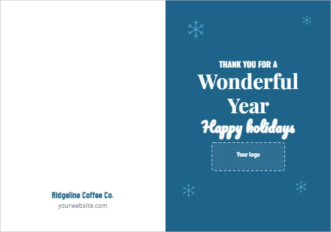 Greeting card template, thank you for a wonderful year, holiday, reading "Wonderful", "Year" and "Happy holidays", in steel blue and white, with a space for your logo