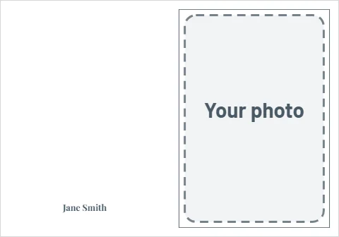 Greeting card template, photo note card, reading "Jane Smith", in white, with a space for your logo