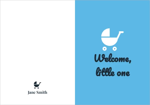 Greeting card template, welcome, little one, reading "Welcome,", "little one" and "Jane Smith", in sky blue and white