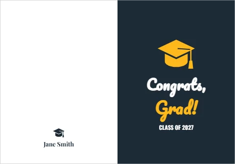 Greeting card template, congrats, grad, reading "Congrats,", "Grad!" and "Jane Smith", in navy and white