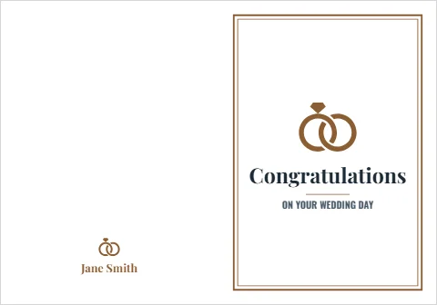 Greeting card template, wedding congratulations, rings, reading "Congratulations", "ON YOUR WEDDING DAY" and "Jane Smith", in white