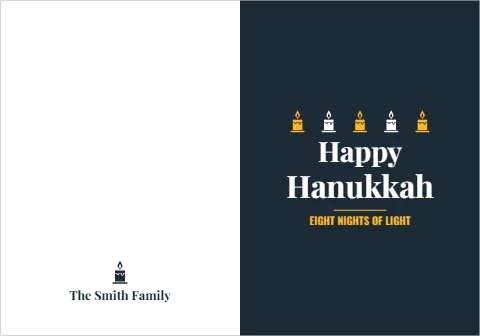 Greeting card template, eight nights of light, candles, reading "Happy", "Hanukkah" and "The Smith Family", in navy and white
