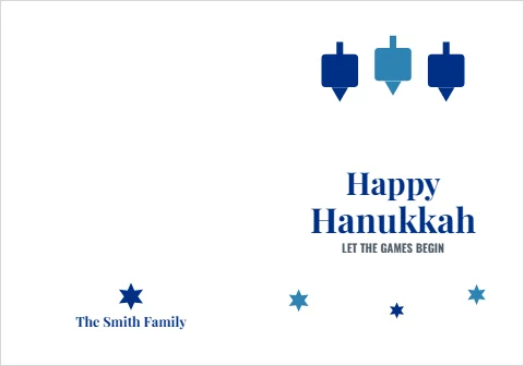 Greeting card template, dreidels, happy Hanukkah, reading "Happy", "Hanukkah" and "The Smith Family", in white