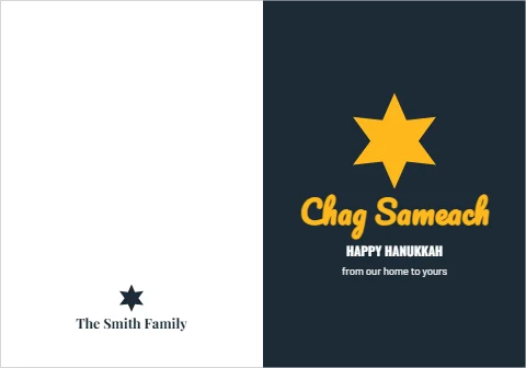 Greeting card template, chag sameach, festival of lights, reading "Chag Sameach", "HAPPY HANUKKAH" and "The Smith Family", in navy and white